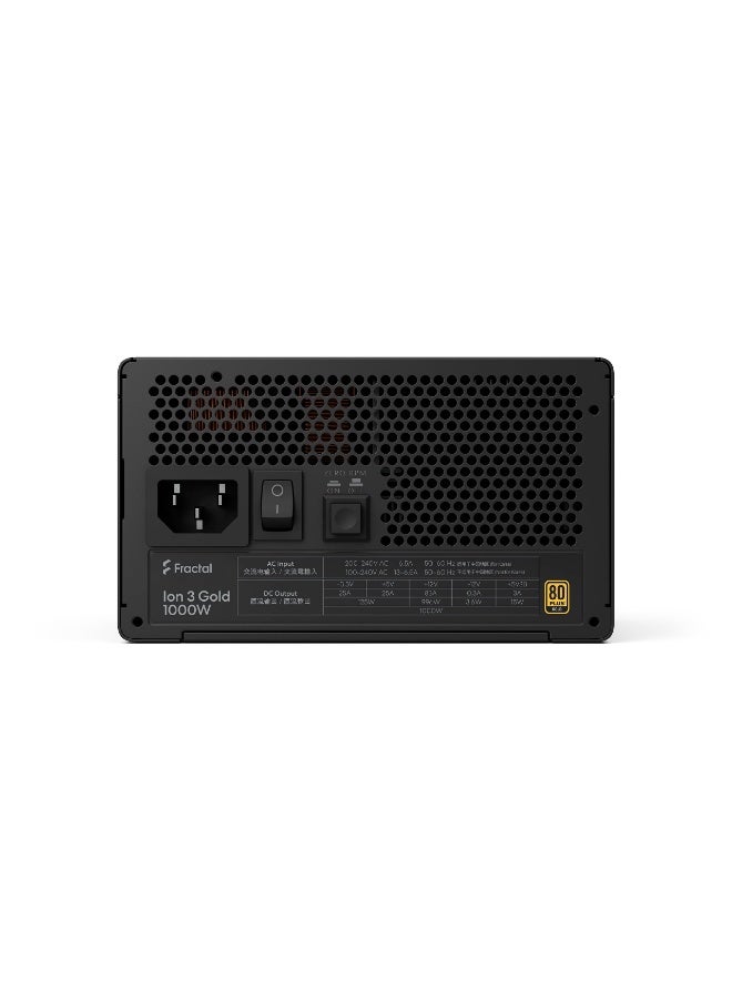 فراكتال ديزاين مزود طاقة Ion 3 Gold بقوة 1000 واط، معياري بالكامل ATX12V 3.1، حاصل على شهادة 80 PLUS Gold، جاهز لبطاقات الرسومات PCIe Gen 5، مروحة بدون دوران، Momentum 140mm، مكثفات يابانية تتحمل درجة حرارة 105 درجة مئوية، خط 12 فولت واحد، متوافق مع وضع السكون C6/C7، أسود | FD-P-IA3G-100 - Image 4
